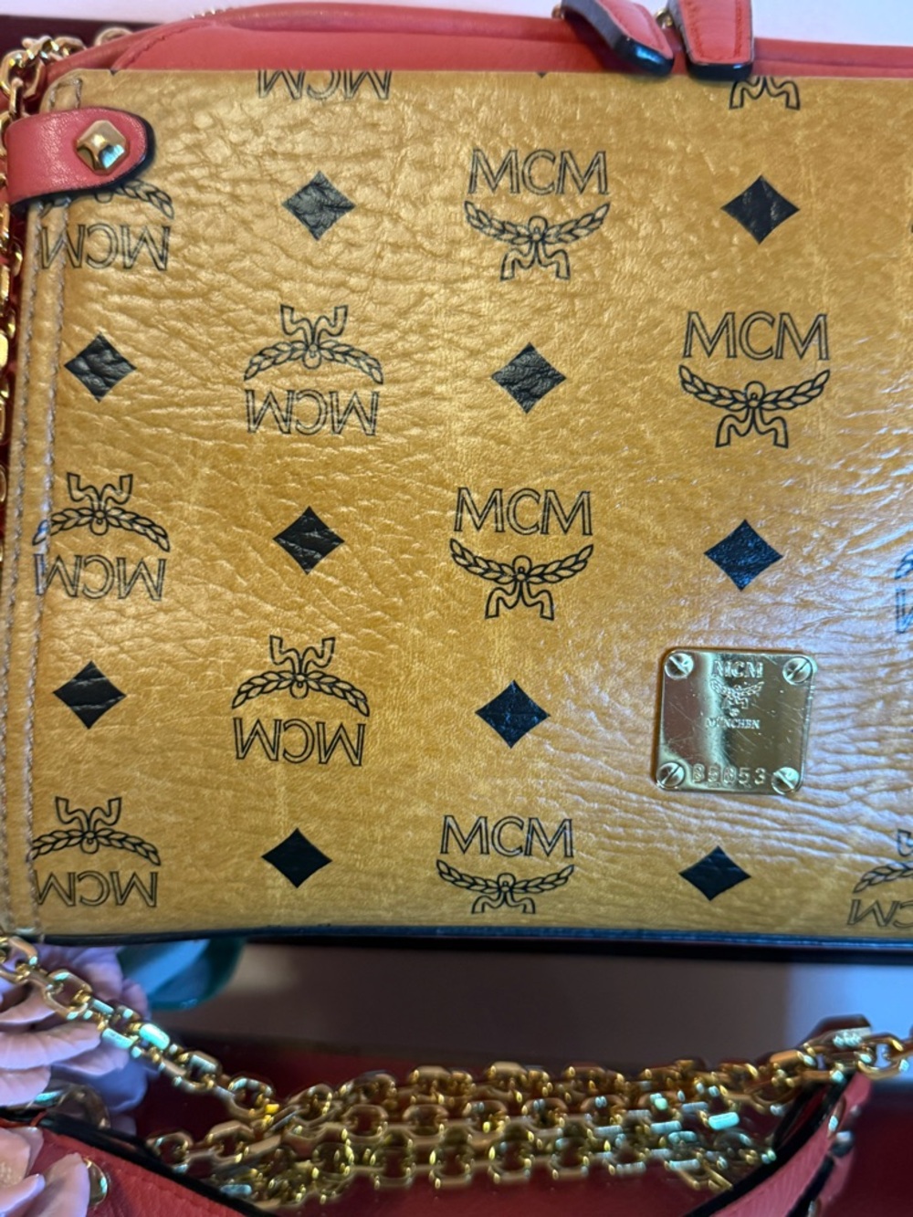 MCM Tan Visetos Monogram Crossbody with Coral Trim - Picture 3 of 14